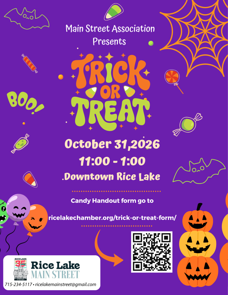 Purple flyer for Rice Lake Main Street’s Downtown Trick or Treating event on October 31, 2026, 11:00–1:00, featuring festive Halloween graphics, a QR code, and event contact info. - Rice Lake Chamber of Commerce
