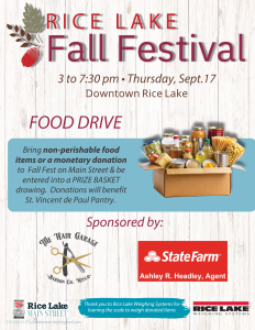 Poster for the Rice Lake Fall Festival on Sept. 17, featuring a food drive, State Farm sponsorship, and images of food donations and sponsor logos. Celebrate autumn at the Rice Lake Fall Festival while supporting your community!. - Rice Lake Chamber of Commerce