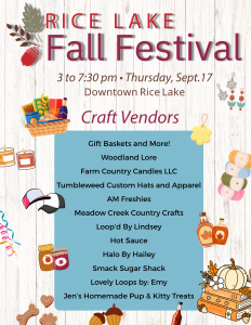 Poster for the Rice Lake Fall Festival on Sept. 17, 3–7:30 pm, featuring craft vendors and autumn-themed illustrations, perfect for celebrating the season in Rice Lake. - Rice Lake Chamber of Commerce