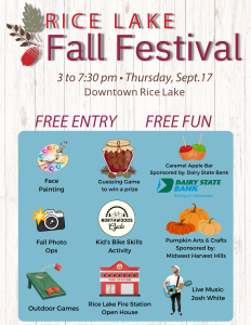 Rice Lake Fall Festival poster featuring event details, sponsors, and icons for popular activities like face painting, bike skills, crafts, live music, outdoor games, and a caramel apple bar—celebrate the season at Rice Lake’s favorite Fall Festival!. - Rice Lake Chamber of Commerce
