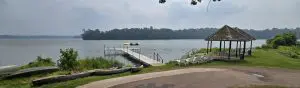 A lakeside scene at Fred Thomas Resort, with a dock extending into the water, several boats on the shore, a gazebo, white chairs, and an inflatable water platform. Trees line the background of this 100-year getaway. - Rice Lake Chamber of Commerce