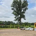 A small wooden shed with gardening supplies in front, a large tree, and a row of tractors from Olsen's Power & Equipment in a rural outdoor setting under a cloudy sky—perfect for this Member Spotlight. - Rice Lake Chamber of Commerce