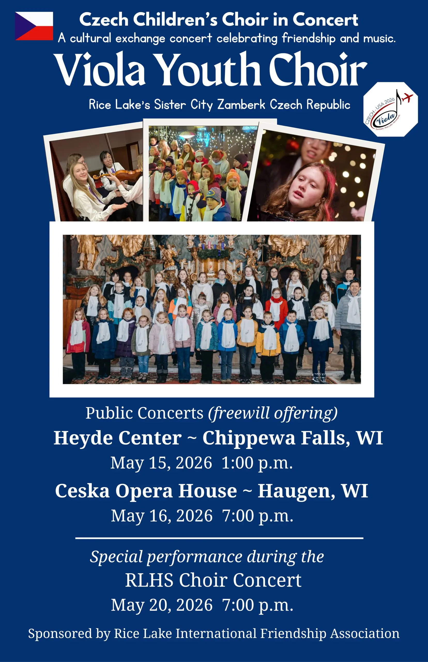 Poster for Viola Youth Choir concerts, featuring a group photo alongside event dates, times, locations, and details about public and special Children's Choir Concert performances in Wisconsin in May 2026. - Rice Lake Chamber of Commerce