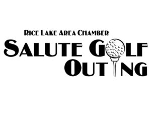 Logo for the Rice Lake Area Chamber's Salute Golf Outing, with letters making up the word "golf" stylishly designed as a golf ball and tee. - Rice Lake Chamber of Commerce