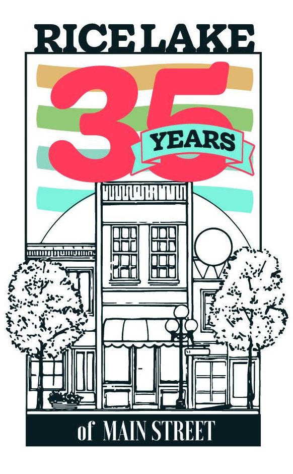 Illustration of storefronts with "RICELAKE 35 YEARS of MAIN STREET" text and colorful stripes in the background. - Rice Lake Chamber of Commerce