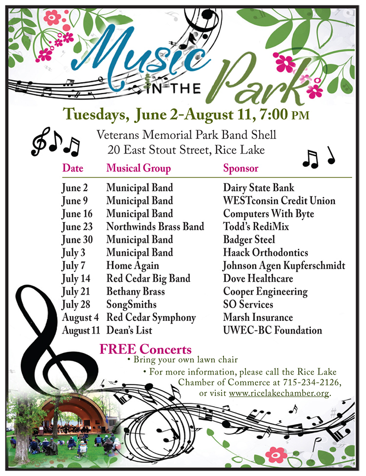 Flyer for the "Music in the Park" concert series at Veterans Memorial Park, Rice Lake, June 2–August 11, featuring band names, sponsors, and a photo from a past Music in the Park event at the bottom. - Rice Lake Chamber of Commerce