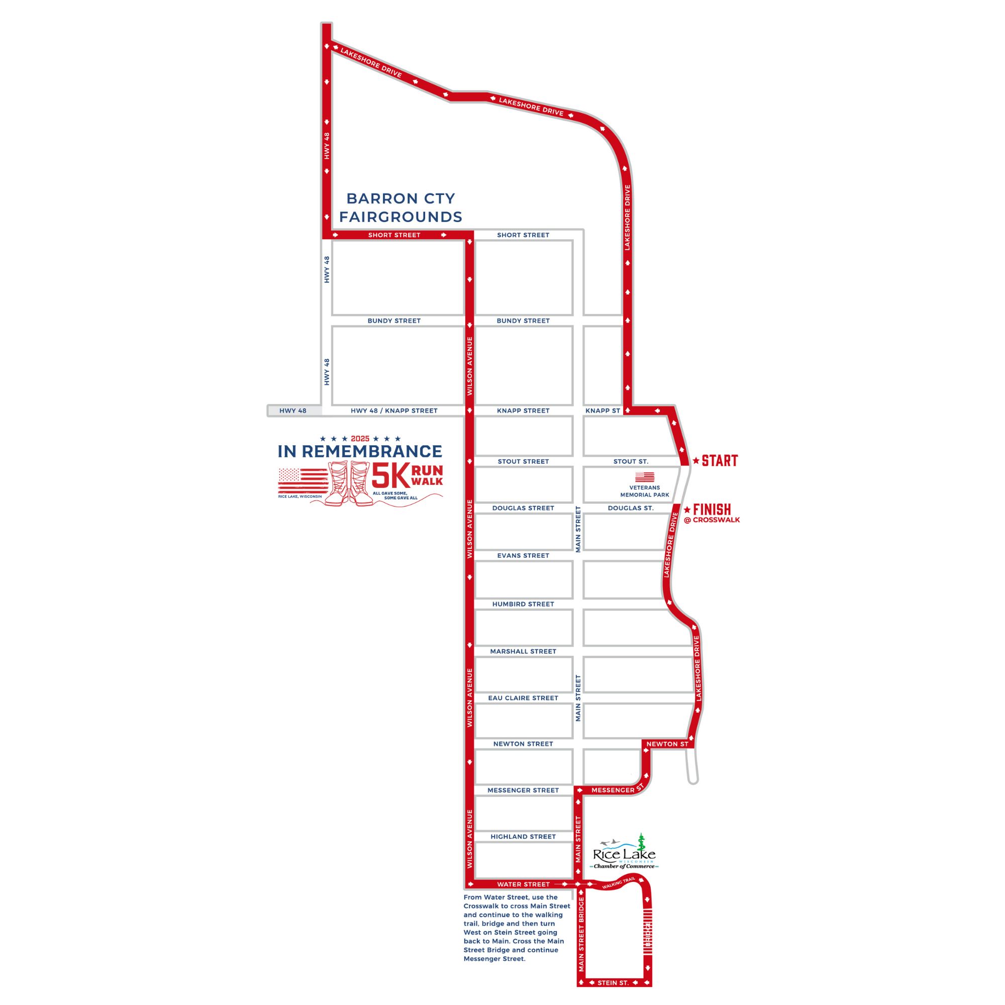 A commemorative map outlines Barron City's 5K run and walk route, weaving through diverse streets, with the start and finish at the same point. - Rice Lake Chamber of Commerce