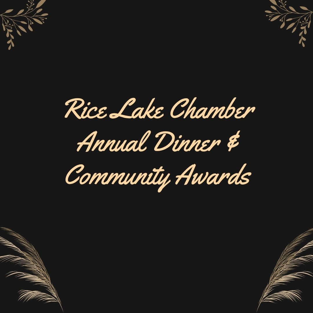 Text reading “Rice Lake Chamber Annual Dinner & Community Awards” centered on a black background, accented by elegant gold leaf and feather decorations in the corners, celebrates the spirit of Rice Lake. - Rice Lake Chamber of Commerce