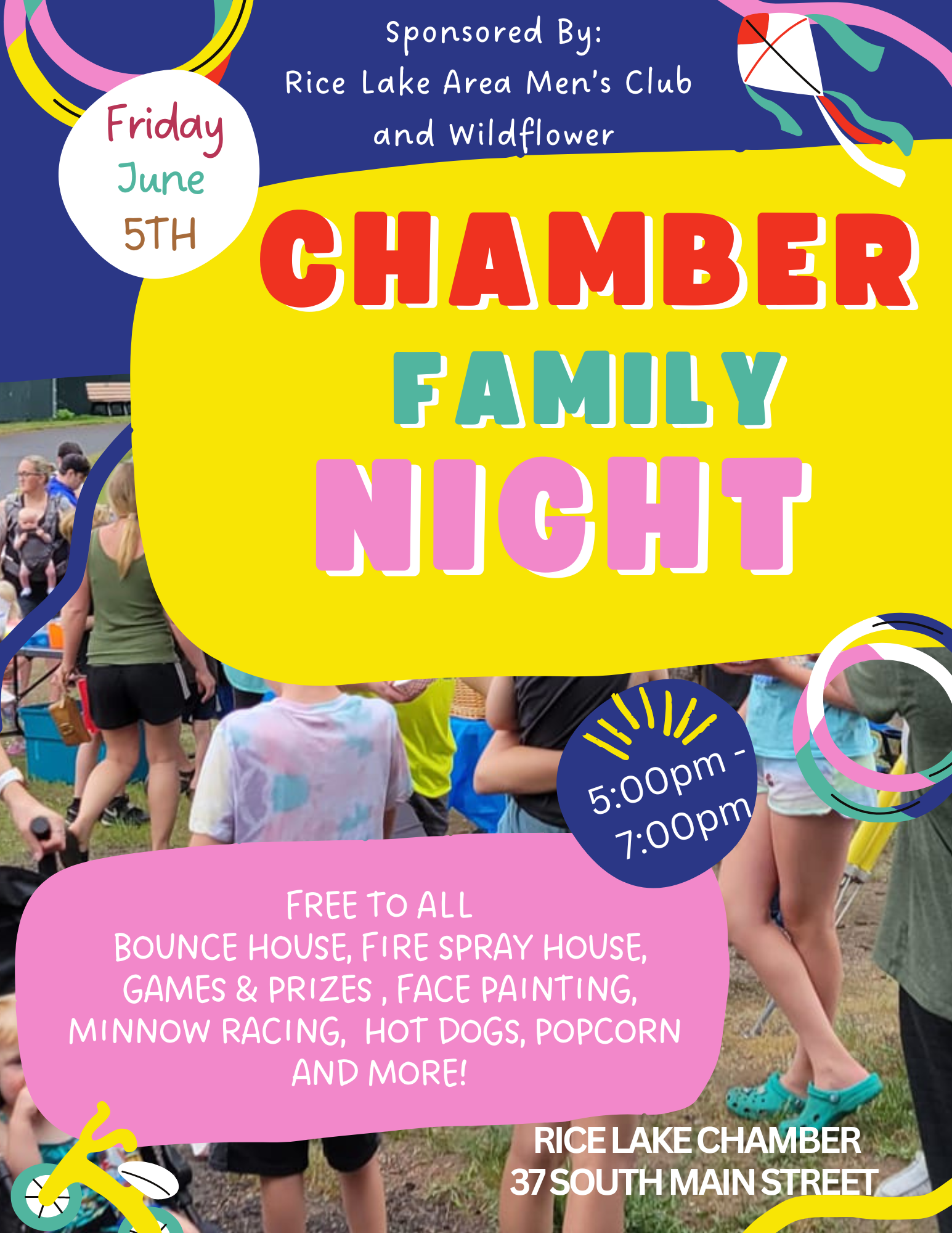 Flyer for Chamber Family Night on June 5th, 5–7pm at Rice Lake Chamber. Enjoy games, prizes, face painting, and food with a lively crowd of families in the background. Don’t miss this fun-filled Chamber Family Night event!. - Rice Lake Chamber of Commerce