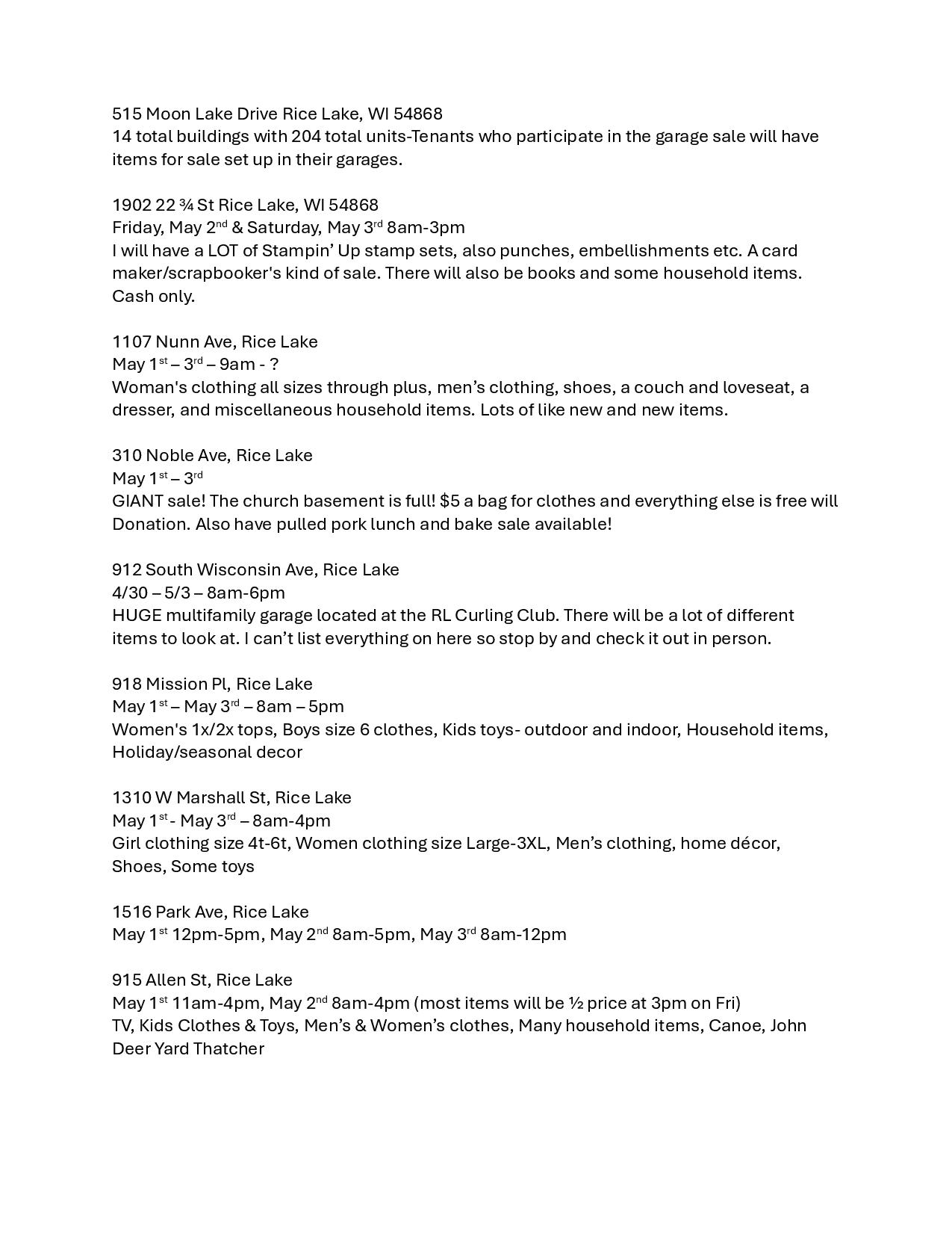 A printed list of Community Wide Garage Sales featuring dates, addresses, and details about items for sale in Rice Lake, Wisconsin. - Rice Lake Chamber of Commerce