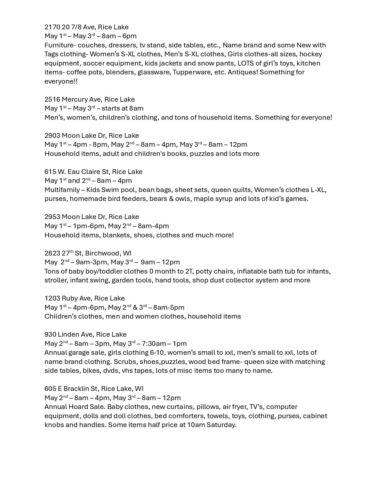 A printed list of multiple community garage sales with addresses, dates, times, and descriptions of items for sale, including clothing, furniture, electronics, and household goods. - Rice Lake Chamber of Commerce