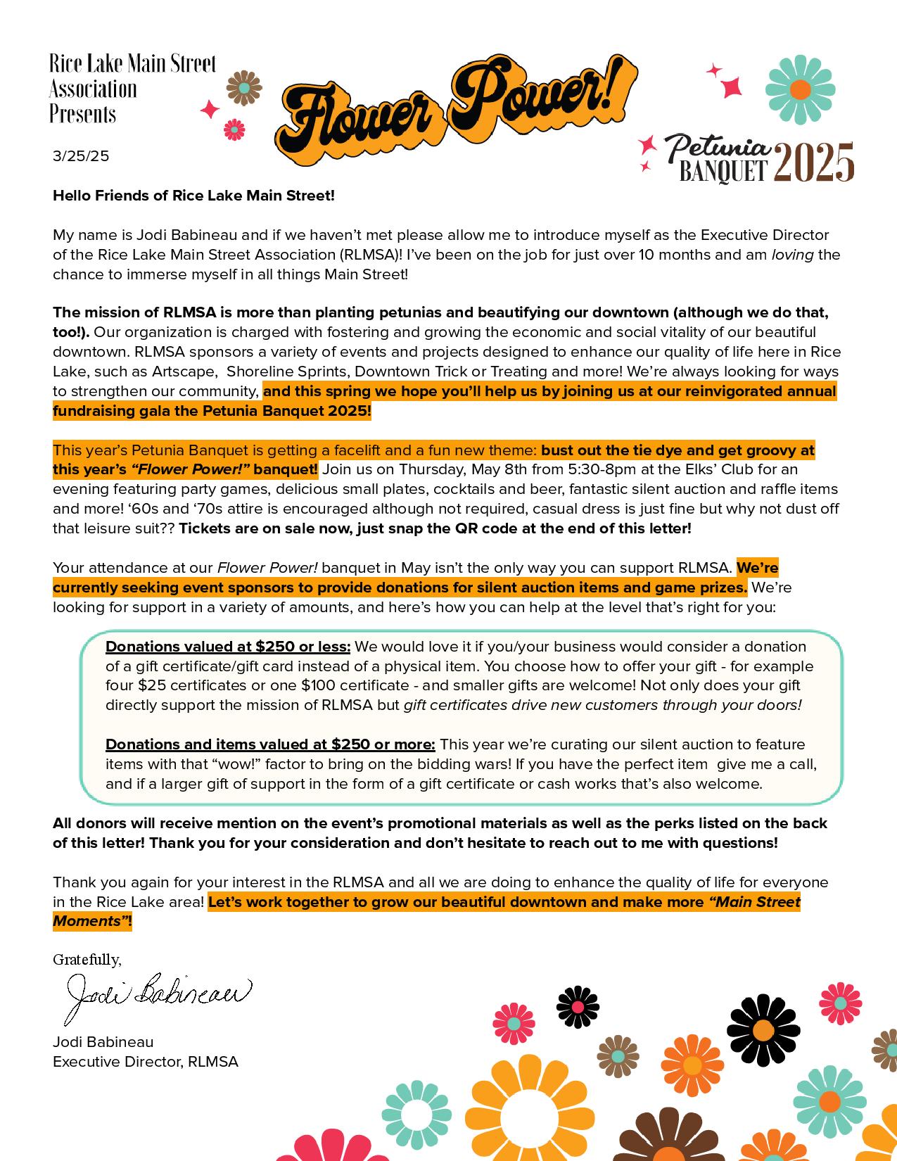 Join us for Rice Lake Main Street's "Petunia Banquet" on 3/25/25! Enjoy an inspiring message from our Executive Director while supporting a great cause. The fundraiser will be held at the Community Hall, with festivities kicking off at 6 PM. Secure your tickets now and help us bloom!. - Rice Lake Chamber of Commerce