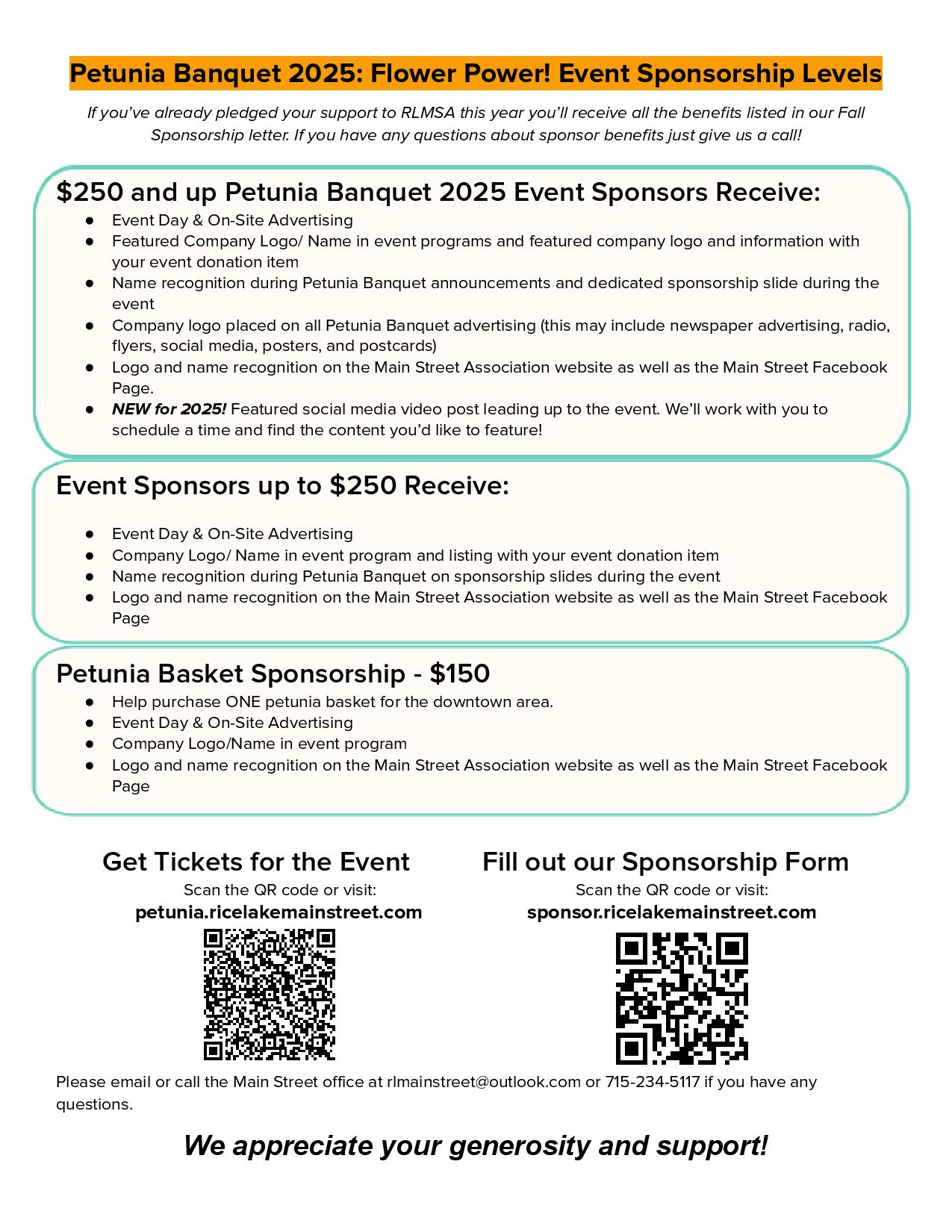 Join us for the Petunia Banquet 2025, a vibrant fundraiser offering sponsorship levels with benefits for contributions of $250+, $100+, or direct donations for expenses. Help make this event bloom! Contact us for more information and to plant your support. - Rice Lake Chamber of Commerce