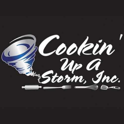 Logo of Cookin' Up A Storm, Inc., soon to feature at Wicked Whisk Bakehouse, showcasing a tornado illustration surrounded by kitchen utensils like a rolling pin, spatula, whisk, and knife at the bottom. - Rice Lake Chamber of Commerce