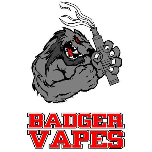 Logo of "Badger Vapes" featuring an aggressive badger holding a vape device, with the name "Badger Vapes LLC" written in bold red letters below. - Rice Lake Chamber of Commerce