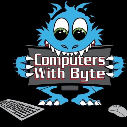 Logo of "Computers With Byte" featuring a blue, cartoon-like creature holding a sign with the company's name, next to a keyboard and mouse. - Rice Lake Chamber of Commerce