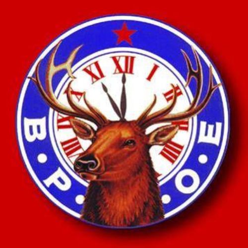 B.P.O.E. logo featuring an elk with antlers in front of a clock displaying Roman numerals and a red star at the top, set against a red background, representing Elk's Lodge #1441 in Rice Lake. - Rice Lake Chamber of Commerce
