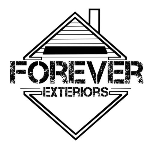 The black and white logo of Forever Exteriors features a stylized house roof with the company name in bold, distressed font below it. - Rice Lake Chamber of Commerce