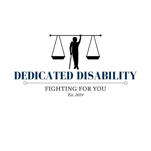 Logo of Dedicated Disability, featuring a person with crutches holding one side of a scale. Text reads "DEDICATED DISABILITY" and "FIGHTING FOR YOU, Est. 2019. - Rice Lake Chamber of Commerce