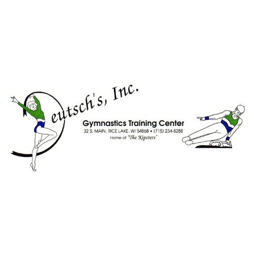 Logo for Deutsch's Gymnastics Training Center featuring illustrations of a gymnast on a pommel horse and another posing. Text includes address, phone number, and "Home of 'The Kippers'". - Rice Lake Chamber of Commerce