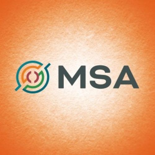 Logo on an orange background displaying the letters "MSA" beside a circular graphic in teal, green, and orange, representing MSA's professional services. - Rice Lake Chamber of Commerce