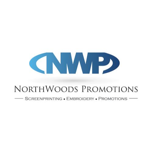 NWP logo with text "NorthWoods Promotions" and "Screenprinting • Embroidery • Promotions" beneath the acronym. The logo showcases a gradient blue design that encapsulates the essence of Northwoods style. - Rice Lake Chamber of Commerce