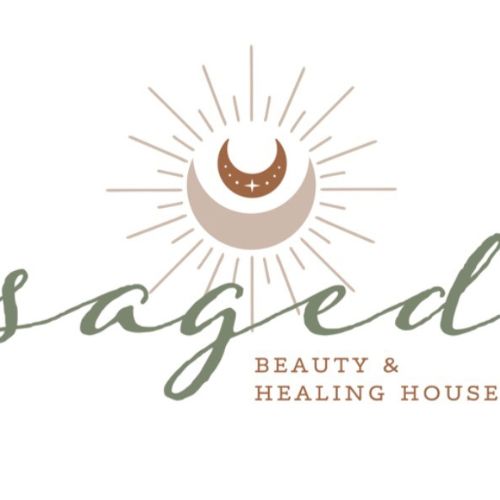 Logo for "Saged Beauty & Healing House" featuring stylized text and an illustration of a crescent moon with rays extending outward. - Rice Lake Chamber of Commerce