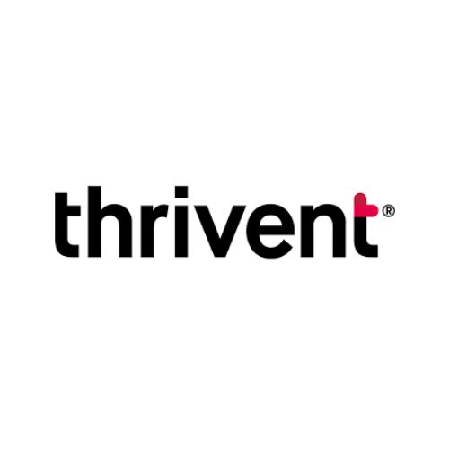 The image shows the Thrivent Financial logo with the word "thrivent" in lowercase black letters and a small red heart forming part of the letter "v," designed by Chris Janssen. - Rice Lake Chamber of Commerce