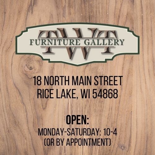 Wood-texture background with the logo of a furniture gallery and a subtle nod to our neighbors at Two Rivers Accounting. Address: 18 North Main Street, Rice Lake, WI 54868. Open Monday-Saturday, 10-4 or by appointment. - Rice Lake Chamber of Commerce