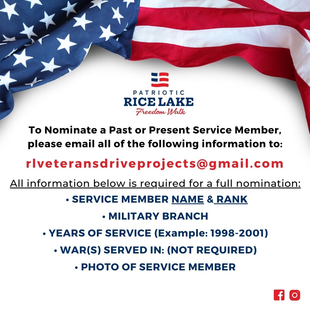 A poster for the Patriotic Rice Lake Banner Project requesting nominations of past or present veterans via email. It lists required information: name, rank, military branch, years of service, wars served, and photo. - Rice Lake Chamber of Commerce