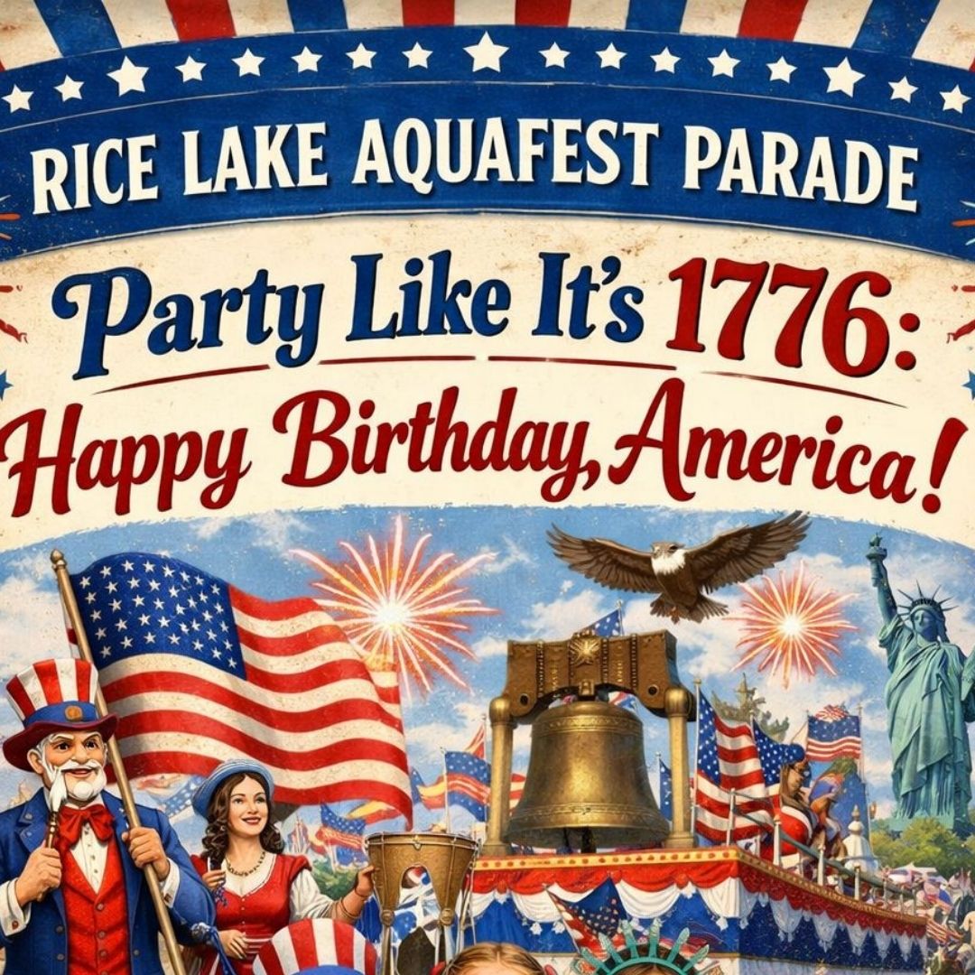 Poster for the Rice Lake Aquafest Parade with the text “Party Like It’s 1776: Happy Birthday, America!” featuring patriotic imagery like flags, the Liberty Bell, and the Statue of Liberty. Join us at the Rice Lake Parade!. – Rice Lake Chamber of Commerce Extreme Sports Jet Skiing