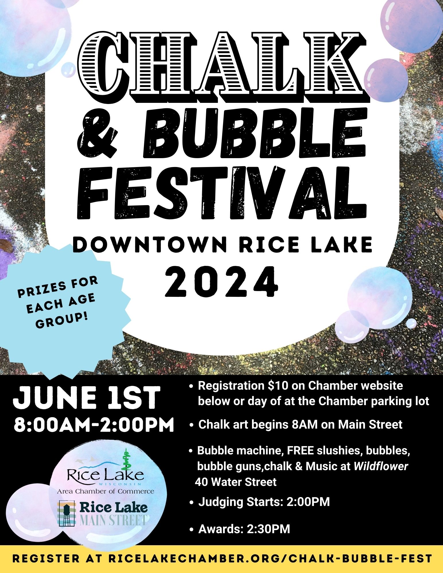 Flyer for the Chalk & Bubble Fest in Downtown Rice Lake on June 1, 2024, from 8:00 AM to 2:00 PM. Activities include chalk art, bubble machines, free treats, and more. Registration $10. Awards at 2:30 PM. - Rice Lake Chamber of Commerce