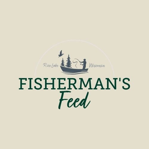 Logo with a silhouette of a fisherman in a boat on water, trees, and a bird, with text: "Rice Lake Chamber - Fisherman's Feed. - Rice Lake Chamber of Commerce