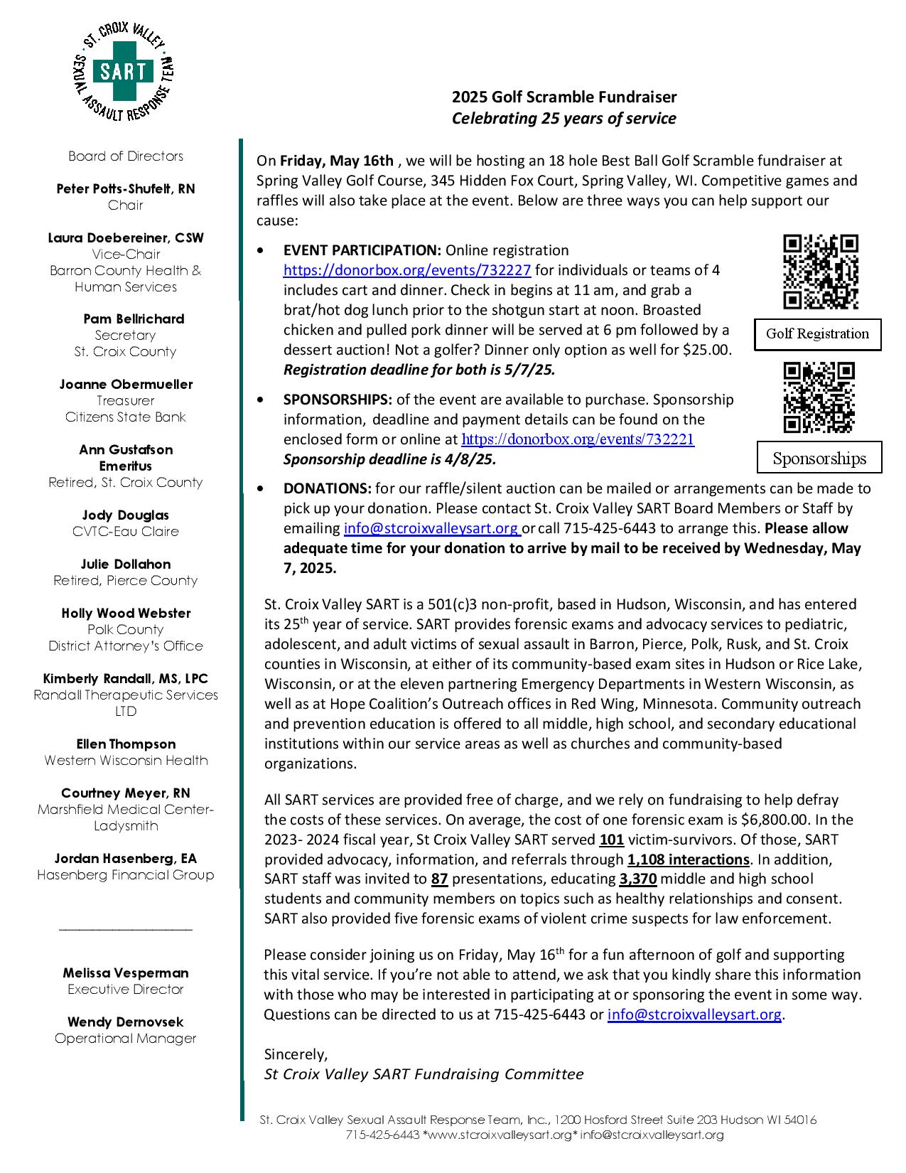 Join the 2025 St. Croix Valley Golf Tournament Fundraiser by SART! This exciting Golf Scramble features event details, registration info, sponsorship options, and a list of board members. Save the date: May 16th. - Rice Lake Chamber of Commerce
