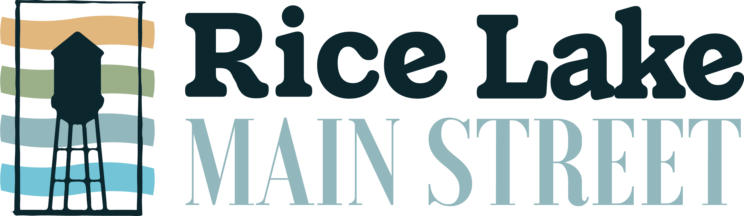 Logo for the Rice Lake Main Street Member Spotlight, showcasing a water tower silhouette against wavy colored stripes in the background. - Rice Lake Chamber of Commerce
