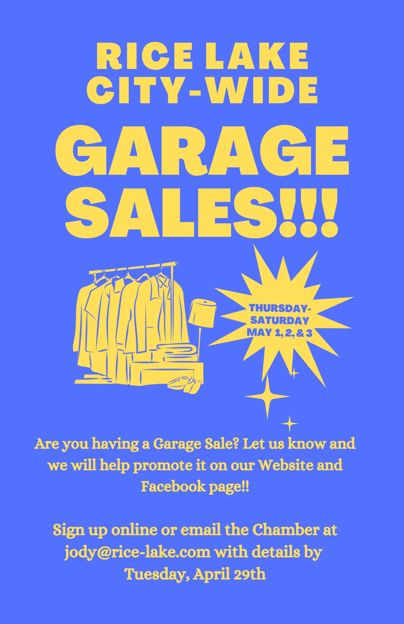 Bright blue and yellow flyer announces Rice Lake Community Garage Sale, May 2–4. Includes Garage Sale Information for participation and a clothes rack graphic. Contact details provided for those interested in joining the event. - Rice Lake Chamber of Commerce