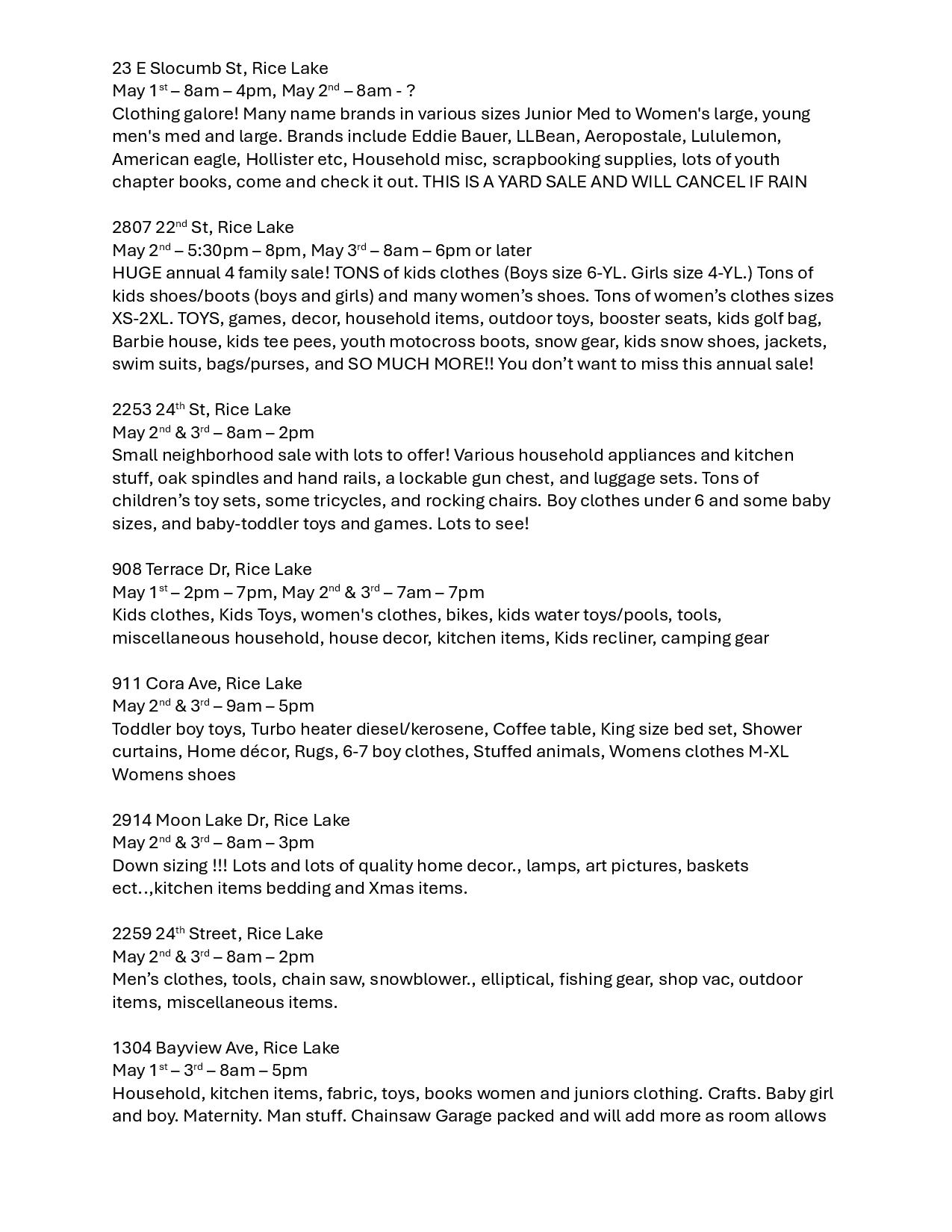 A printed list of Community Wide Garage Sale events in Rice Lake, detailing addresses, dates, times, and items for sale, all arranged in a clear, organized format. - Rice Lake Chamber of Commerce