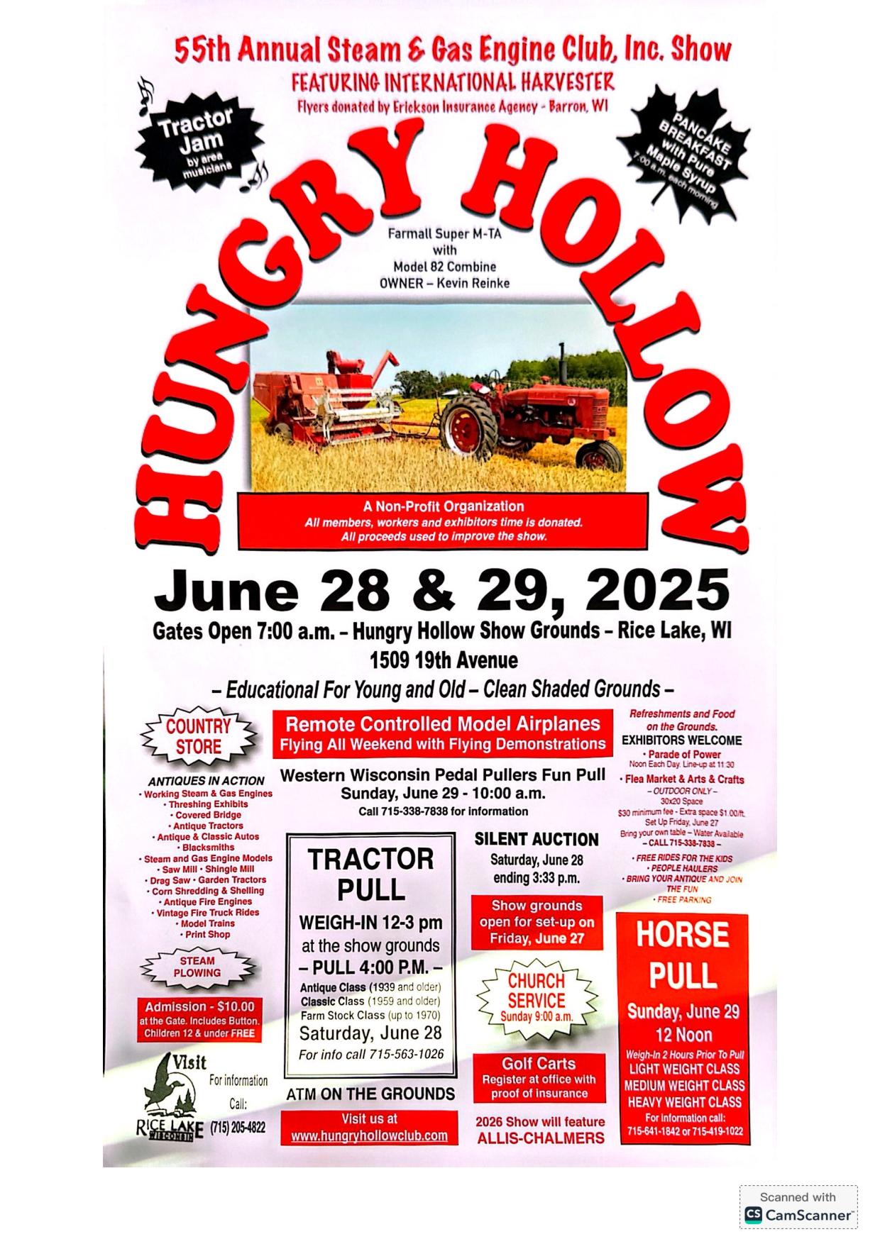 Poster for the 55th Annual Steam & Gas Engine Club, Inc. Show on June 28 & 29, 2025 in Rice Lake, WI—join us for the classic Steam engine show at Hungry Hollow with tractor and horse pulls, model airplanes, and family fun. - Rice Lake Chamber of Commerce