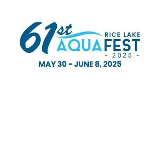 Logo for the 61st Rice Lake AquaFest 2025, with event dates May 30 to June 8, 2025, in blue text on a white background. - Rice Lake Chamber of Commerce