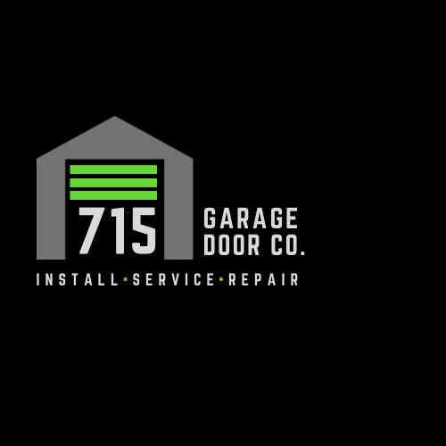 Logo for 715 Garage Door Co. featuring a graphic of a garage door with green panels and the text "Install • Service • Repair" on a black background, highlighting this trusted garage door company. - Rice Lake Chamber of Commerce