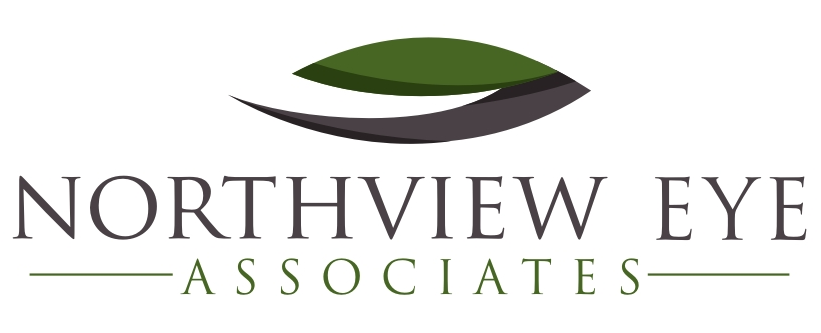 Logo for Northview Eye Associates featuring two overlapping curved shapes above the text, suggesting an abstract eye to represent professional eye care, with "ASSOCIATES" in green below "NORTHVIEW EYE. - Rice Lake Chamber of Commerce