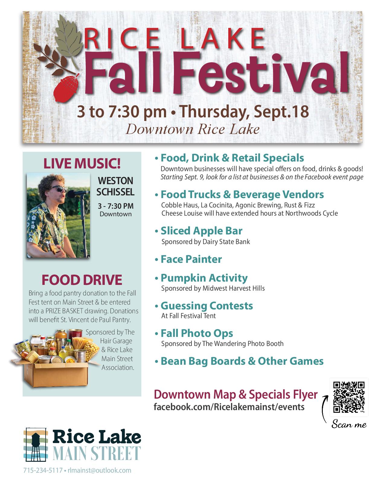 Flyer for Rice Lake Fall Fest on Thursday, Sept. 18, featuring live music, food, drink, activities, pumpkin auction, kids’ games, and more in downtown Rice Lake. - Rice Lake Chamber of Commerce
