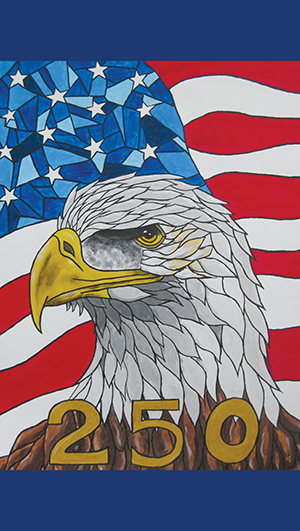 Illustration of a bald eagle in front of an American flag, with the number 250 in gold below, symbolizing the United States' 250th anniversary. - Rice Lake Chamber of Commerce
