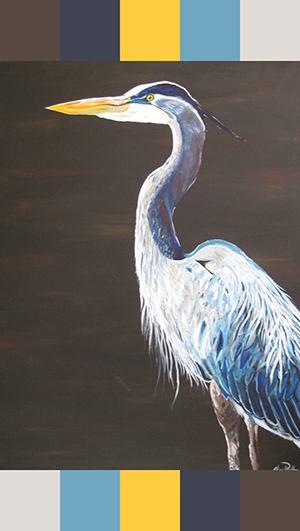 Painting of a blue heron with a yellow beak on a dark background, bordered by vertical color strips in navy, yellow, blue, and light gray. - Rice Lake Chamber of Commerce
