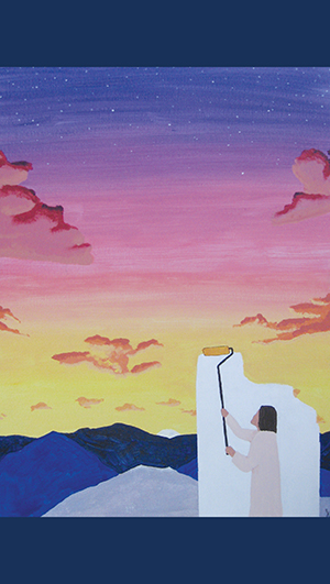 A person uses a paint roller to paint over a vivid sunset sky with white paint, standing in front of mountains under a colorful twilight sky. - Rice Lake Chamber of Commerce