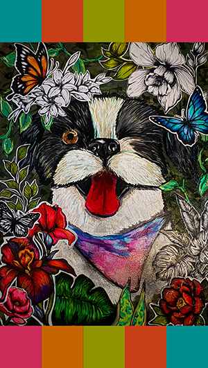Illustrated dog with a pink bandana surrounded by colorful flowers and butterflies, set against a green background with multicolored borders. - Rice Lake Chamber of Commerce