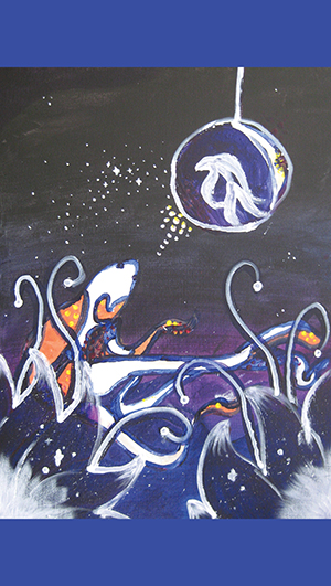 Abstract painting of a fish surrounded by swirling shapes, with star-like dots and a circular object containing another fish above it, set against a dark background with blue borders. - Rice Lake Chamber of Commerce