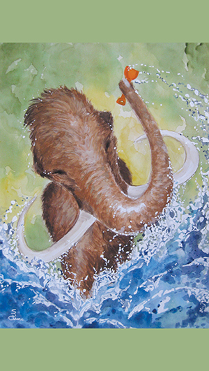 A woolly mammoth with curved tusks splashes through blue water, lifting its trunk with two small orange birds perched on it; green and yellow background. - Rice Lake Chamber of Commerce