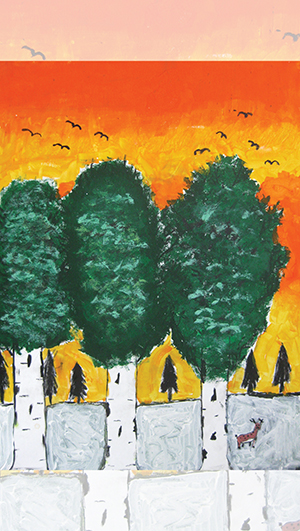 A painting of birch trees with green foliage, a sunset sky in orange tones, flying birds, and a small deer standing in the foreground. - Rice Lake Chamber of Commerce