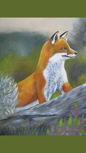 A painted illustration of a red fox standing on a fallen log, surrounded by greenery, with a blurred natural background. - Rice Lake Chamber of Commerce